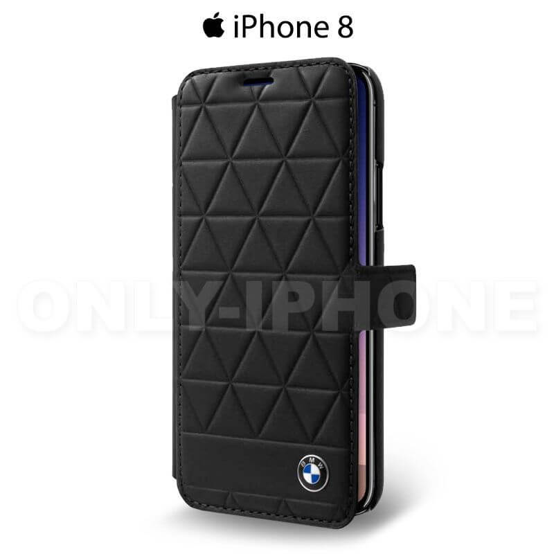 Etui portefeuille iPhone 8 BMW effet hexagonal cuir veritable noir
